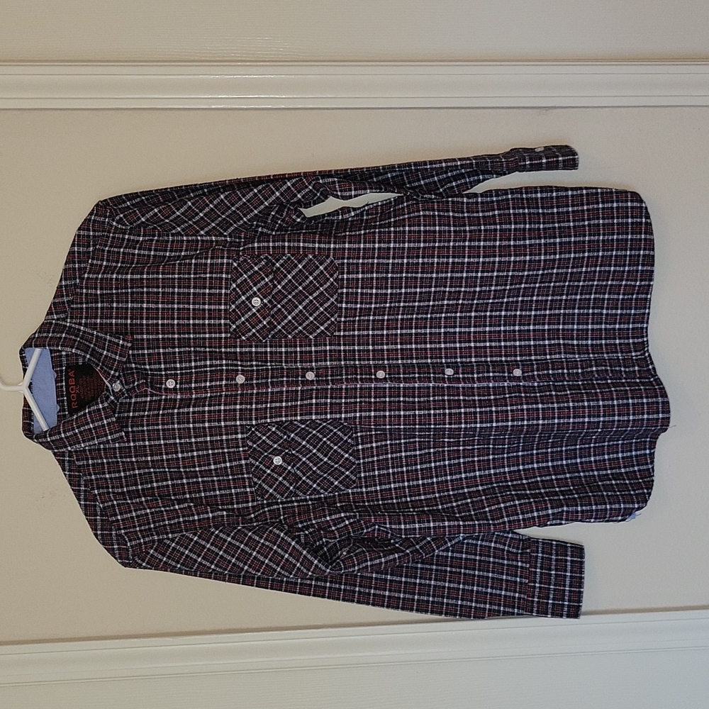 RQQBA Blue & Red Plaid Split Cuff Long Sleeve Shirt